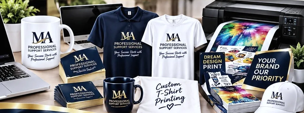 Branded mugs, polo shirts, T-shirts, business cards, flyers and large-format prints produced by MA Professional Support Services